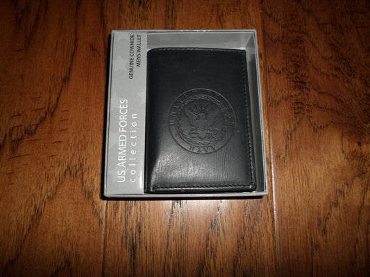 NEW U.S NAVY LEATHER TRIFOLD WALLET GENUINE BLACK COWHIDE EMBOSSED NAVY CREST