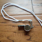 METAL NICKEL PLATED PEA CORK WHISTLE WITH LANYARD POLICE COACH EMERGENCY