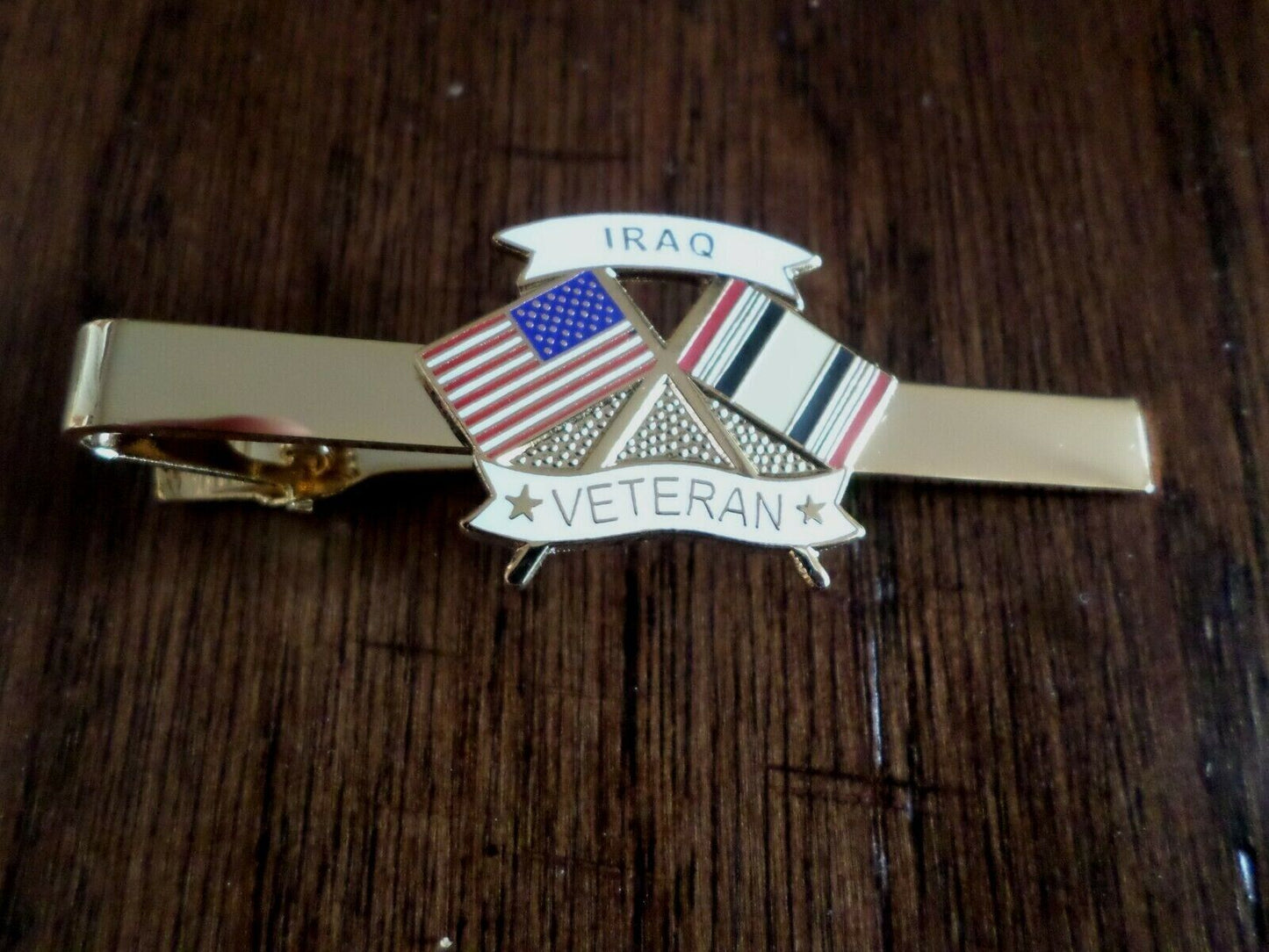 U.S MILITARY IRAQ VETERAN TIE BAR OR TIE TAC CLIP ON TYPE U.S.A MADE U.S FLAG