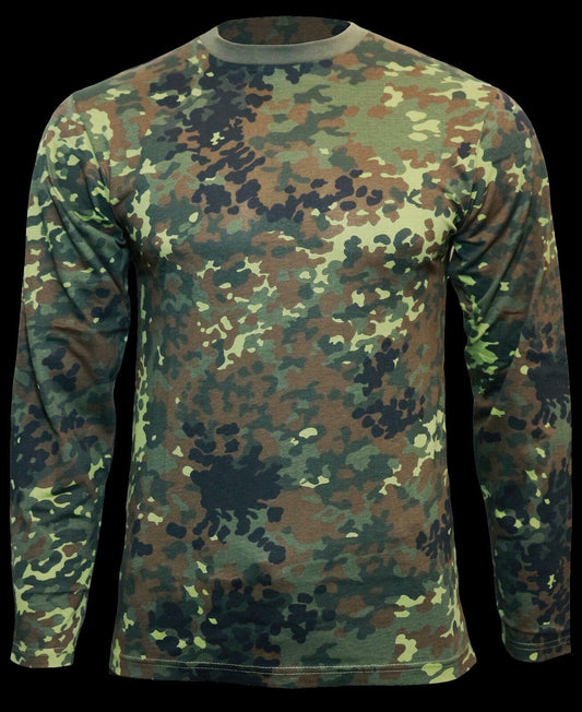 German Army T-Shirt Flecktarn Camouflage Pattern Long Sleeve Tee 100% Cotton