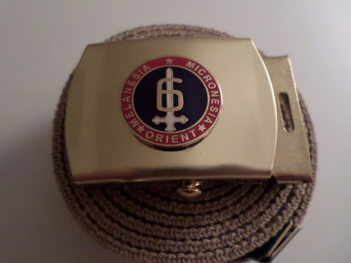 U.S MILITARY GRADE KHAKI WEB BELT WITH 6th MARINE CORPS BRASS BUCKLE U.S.A MADE