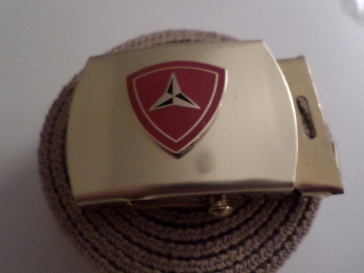 U.S MILITARY KHAKI WEB BELT WITH 3rd MARINE CORPS BRASS BUCKLE MADE IN THE U.S.A