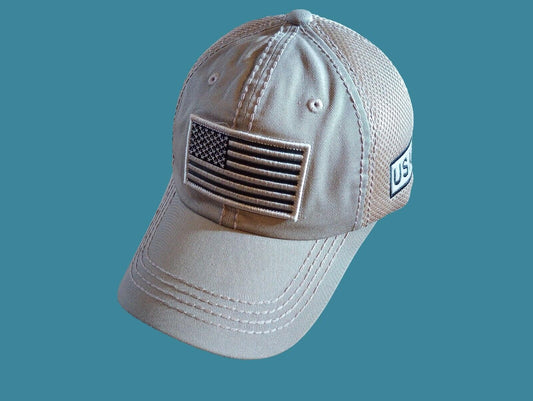 U.S American Flag Hat Cap Cotton Mesh Back Khaki Baseball Cap