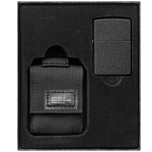 NEW ZIPPO BLACK CRACKLE LIGHTER WITH BLACK MOLLE MODULAR POUCH U.S.A MADE