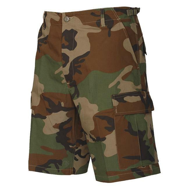 WOODLAND CAMOUFLAGE BDU CARGO SHORTS MILITARY STYLE 6 POCKET BUTTON FLY