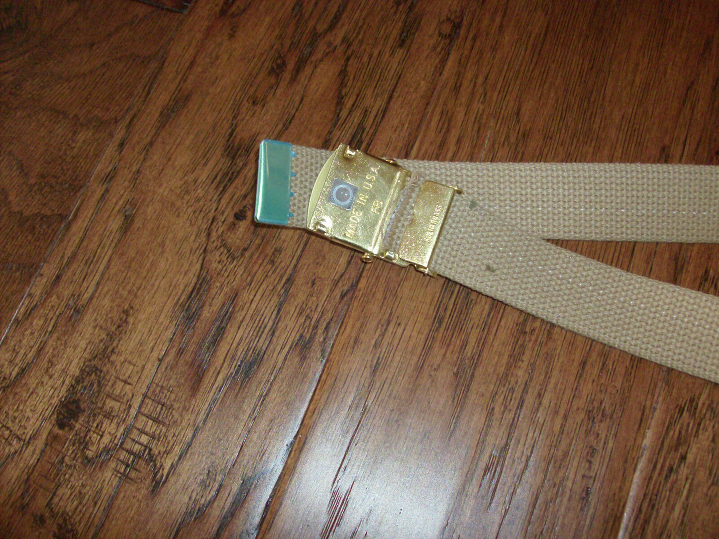 US MILITARY STYLE KHAKI WEB BELT WITH MARINE CORPS BULL DOG BRASS BUCKLE