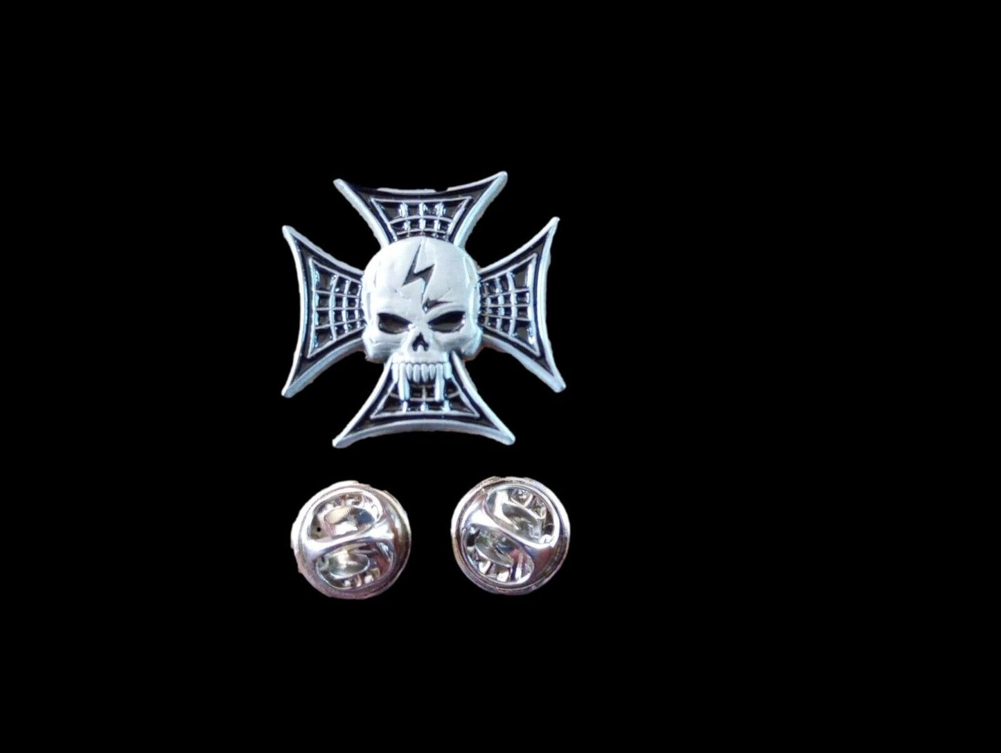 IRON CROSS HAT PIN LAPEL DOUBLE POST PIN SKULL & LIGHTNING