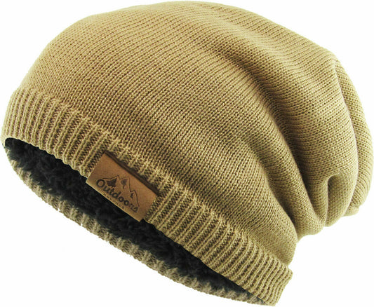 Slouch Baggy Beanie Khaki Watch Cap Sherpa Fleece Lined Ski Hat Knit Winter