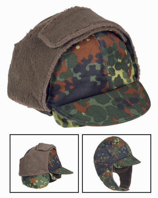 GERMAN MILITARY FLECTARN CAMO WINTER CAP WITH EAR FLAPS COLD WEATHER HAT 58