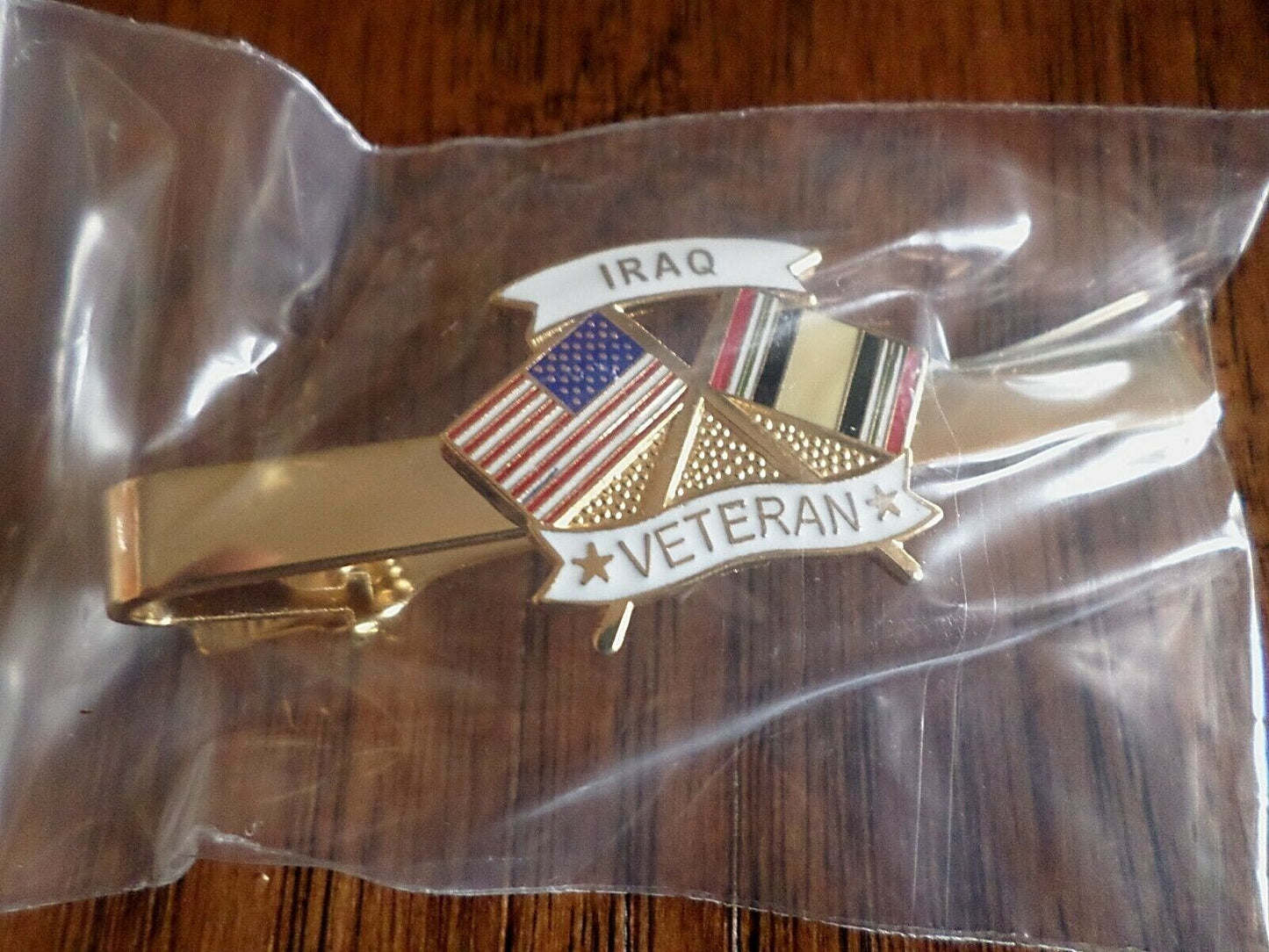 U.S MILITARY IRAQ VETERAN TIE BAR OR TIE TAC CLIP ON TYPE U.S.A MADE U.S FLAG