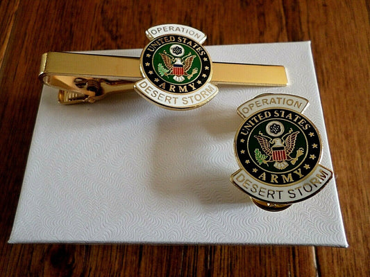 MILITARY ARMY DESERT STORM TIE BAR / TIE TAC & LAPEL HAT PIN GIFT SET USA MADE