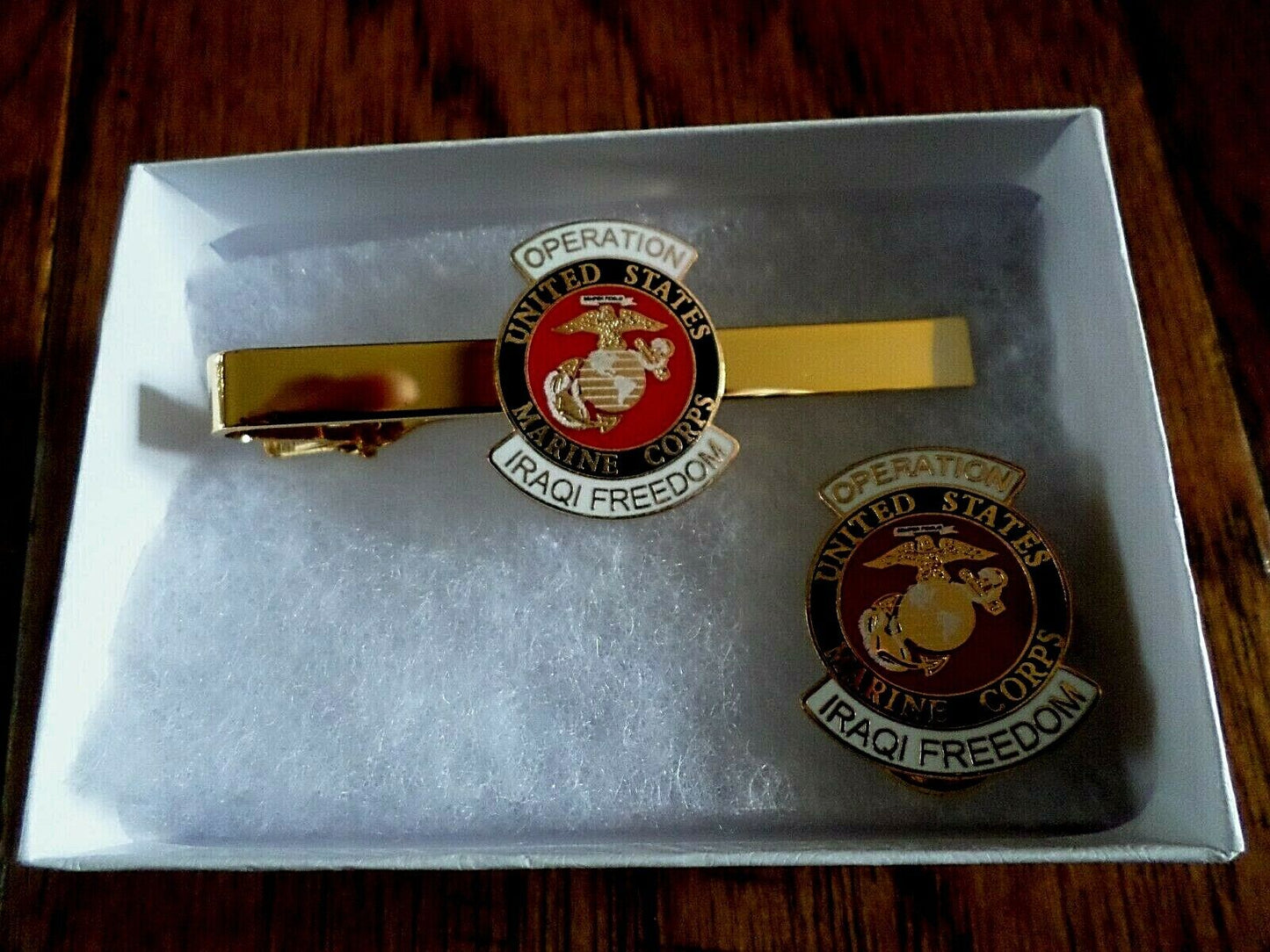 MILITARY MARINE CORPS IRAQI FREEDOM TIE BAR / TIE TAC & LAPEL HAT PIN GIFT SET