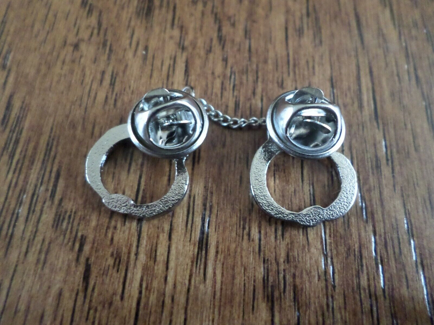 Handcuff with chain Lapel pin tie tac or hat pin double post design silver metal