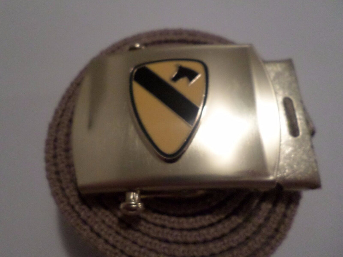 US MILITARY GRADE KHAKI HEAVY WEB BELT WITH 1st CAVALRY BRASS BUCKLE U.S.A MADE