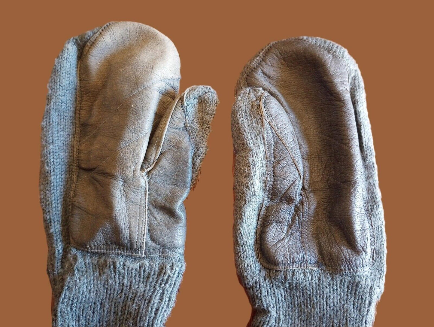 SWISS MILITARY WOOL MITTENS ARMY COLD WEATHER LEATHER PALMS SURPLUS