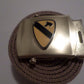 US MILITARY GRADE KHAKI HEAVY WEB BELT WITH 1st CAVALRY BRASS BUCKLE U.S.A MADE