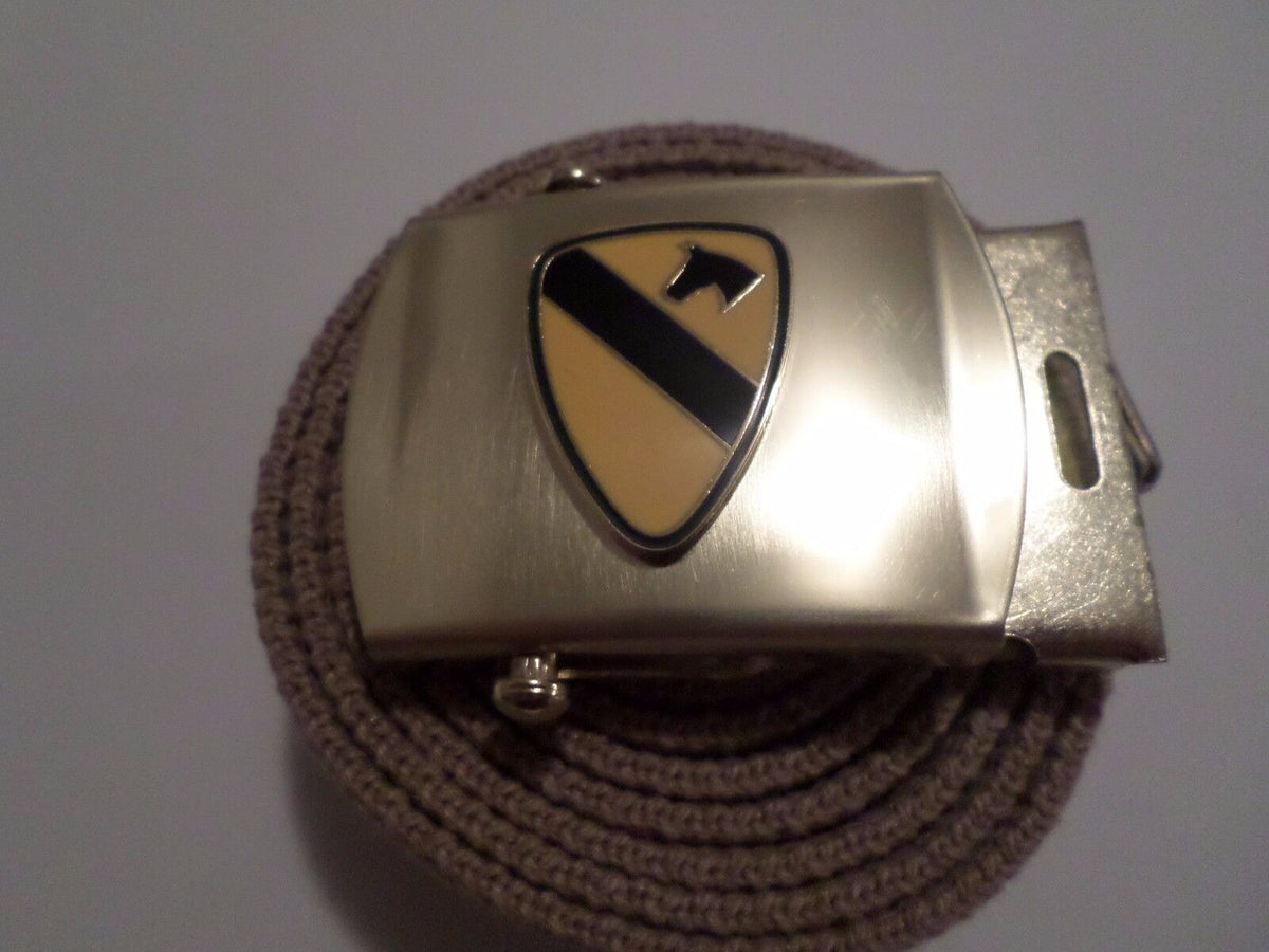 US MILITARY GRADE KHAKI HEAVY WEB BELT WITH 1st CAVALRY BRASS BUCKLE U.S.A MADE