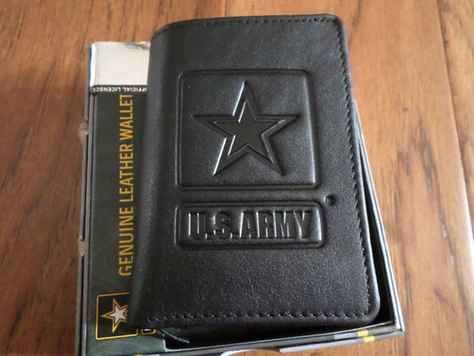 NEW U.S ARMY LEATHER TRIFOLD WALLET GENUINE BLACK COWHIDE EMBOSSED ARMY STAR