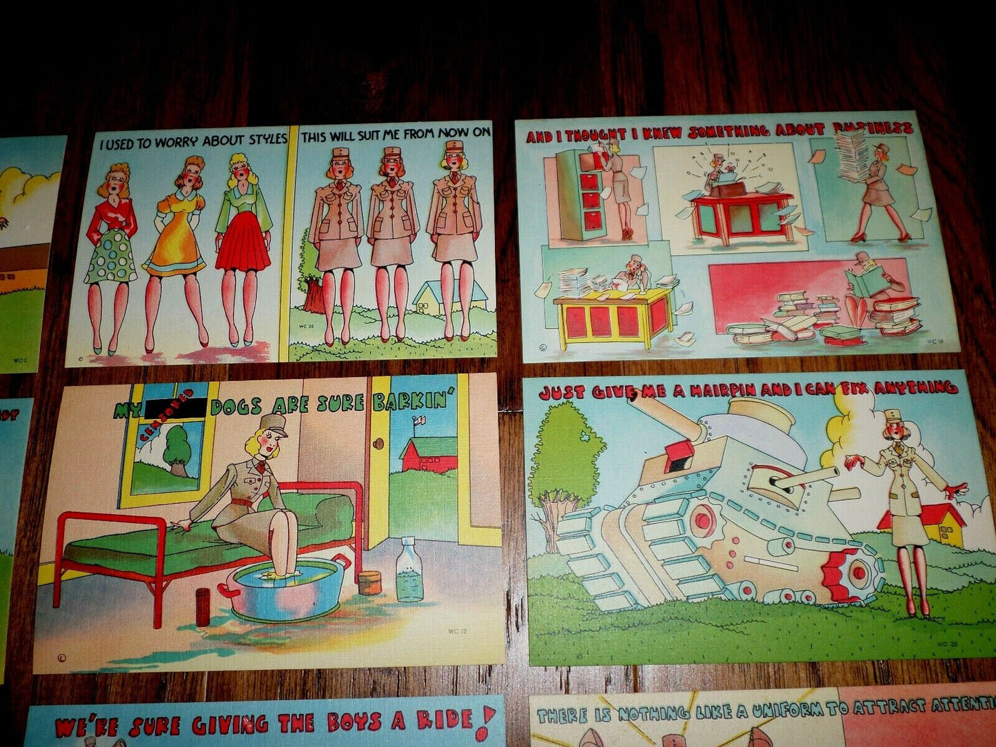 WWII U.S MILITARY COMIC POSTCARDS FEMALE WAC BY BEALS  9 CARDS IN SET VINTAGE