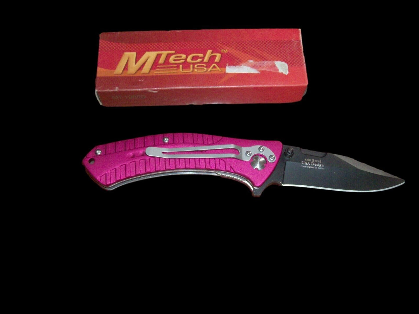 Mtech linerlock folding pocket knife with belt clip 440 steel USA made