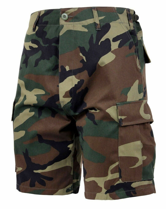 WOODLAND CAMOUFLAGE BDU CARGO SHORTS MILITARY STYLE 6 POCKET BUTTON FLY