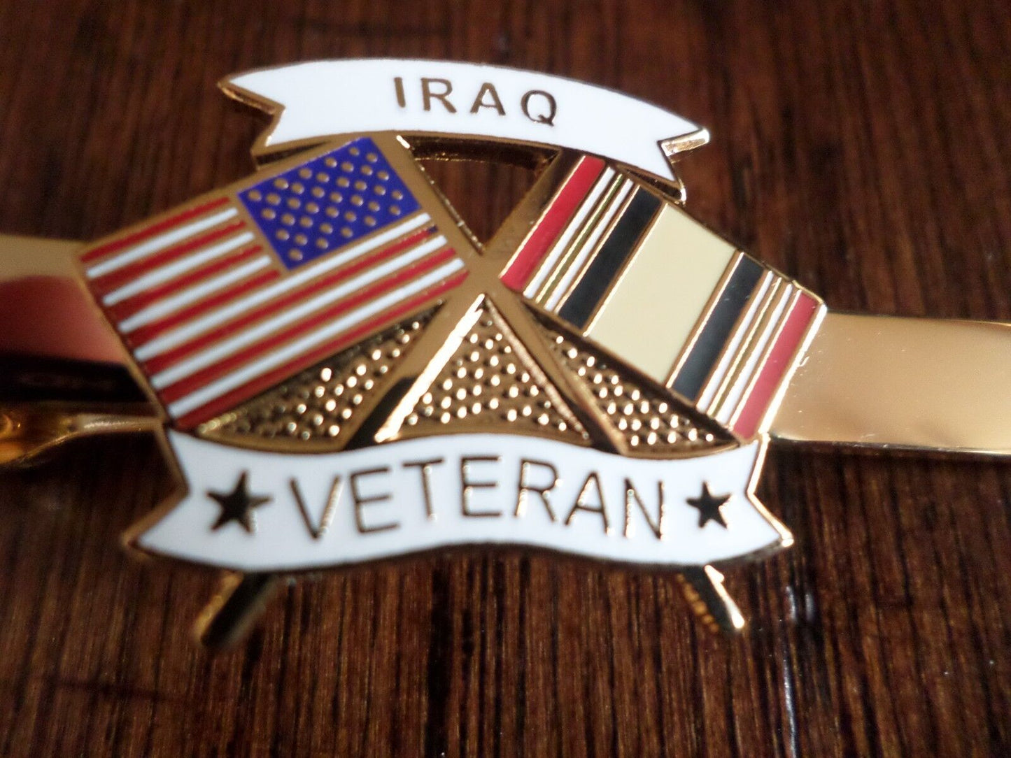 U.S MILITARY IRAQ VETERAN TIE BAR OR TIE TAC CLIP ON TYPE U.S.A MADE U.S FLAG