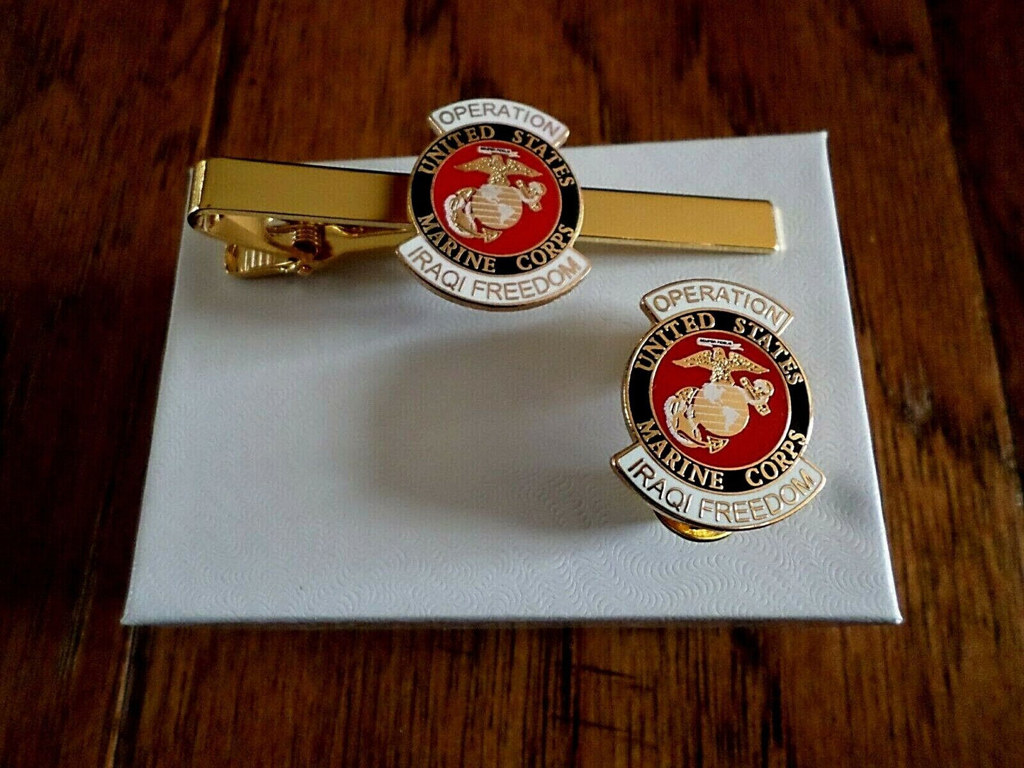 MILITARY MARINE CORPS IRAQI FREEDOM TIE BAR / TIE TAC & LAPEL HAT PIN GIFT SET