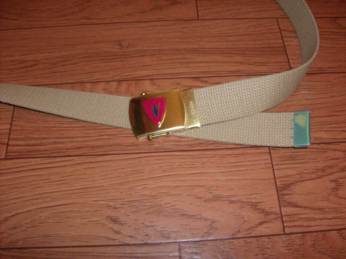 U.S MILITARY GRADE KHAKI WEB BELT WITH 5th MARINE CORPS BRASS BUCKLE U.S.A MADE