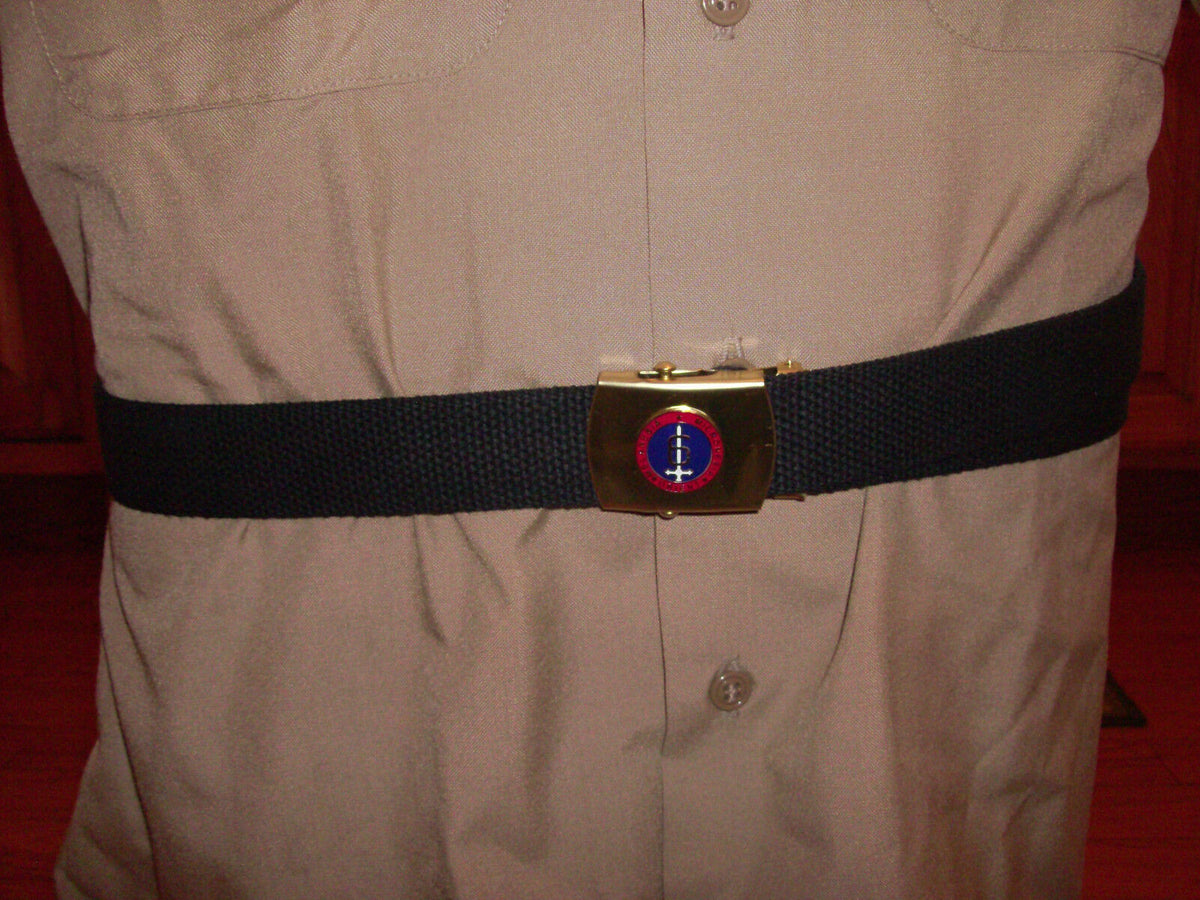 U.S MILITARY BLACK WEB BELT WITH 6th MARINE CORPS BRASS BUCKLE U.S.A MADE