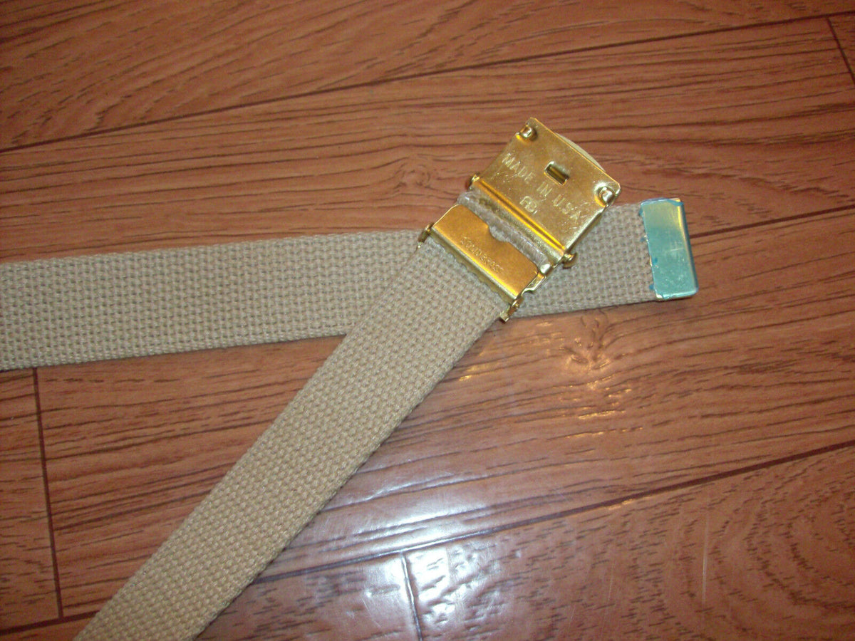 U.S MILITARY KHAKI WEB BELT WITH 3rd MARINE CORPS BRASS BUCKLE MADE IN THE U.S.A