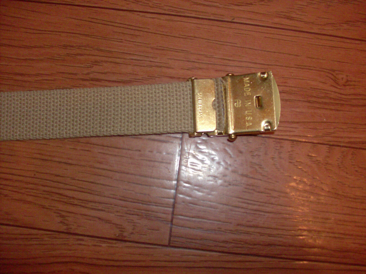 U.S MILITARY GRADE KHAKI WEB BELT WITH 6th MARINE CORPS BRASS BUCKLE U.S.A MADE