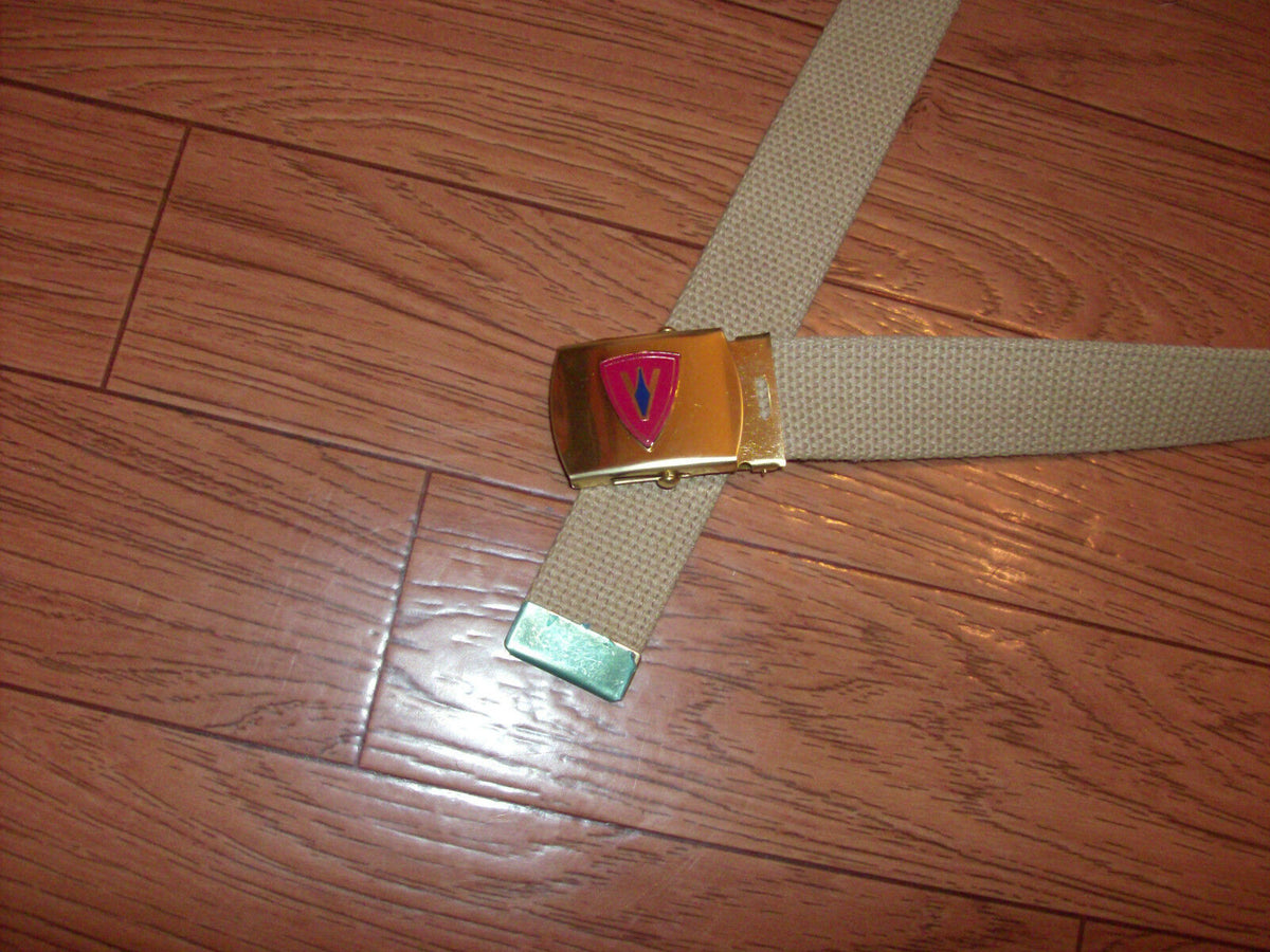U.S MILITARY GRADE KHAKI WEB BELT WITH 5th MARINE CORPS BRASS BUCKLE U.S.A MADE