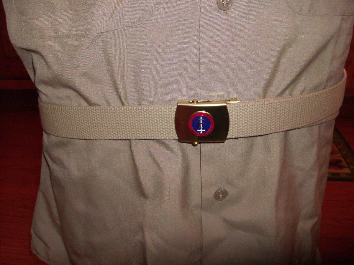 U.S MILITARY GRADE KHAKI WEB BELT WITH 6th MARINE CORPS BRASS BUCKLE U.S.A MADE