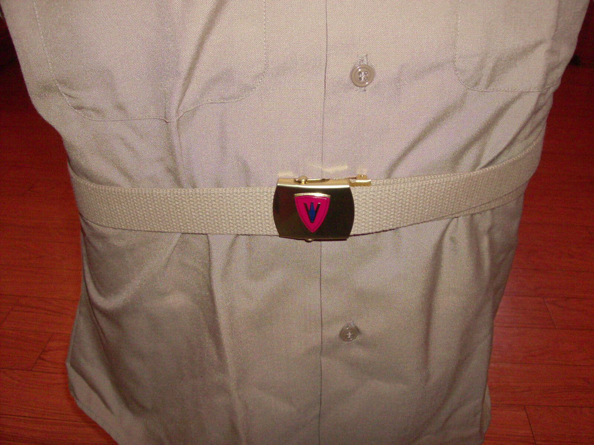 U.S MILITARY KHAKI WEB BELT WITH 3rd MARINE CORPS BRASS BUCKLE MADE IN THE U.S.A