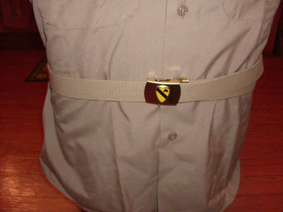 US MILITARY GRADE KHAKI HEAVY WEB BELT WITH 1st CAVALRY BRASS BUCKLE U.S.A MADE
