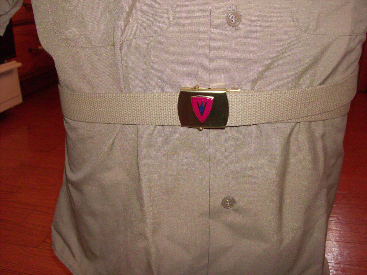 U.S MILITARY GRADE KHAKI WEB BELT WITH 5th MARINE CORPS BRASS BUCKLE U.S.A MADE