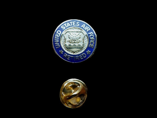 U.S AIR FORCE RETIRED HAT LAPEL PIN TIE TAC CLUTCH BACK BLUE & GOLD INLAY